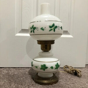 Vintage Milk glass Green leaf Hurricane Parlor Lamp Gone With The Wind style